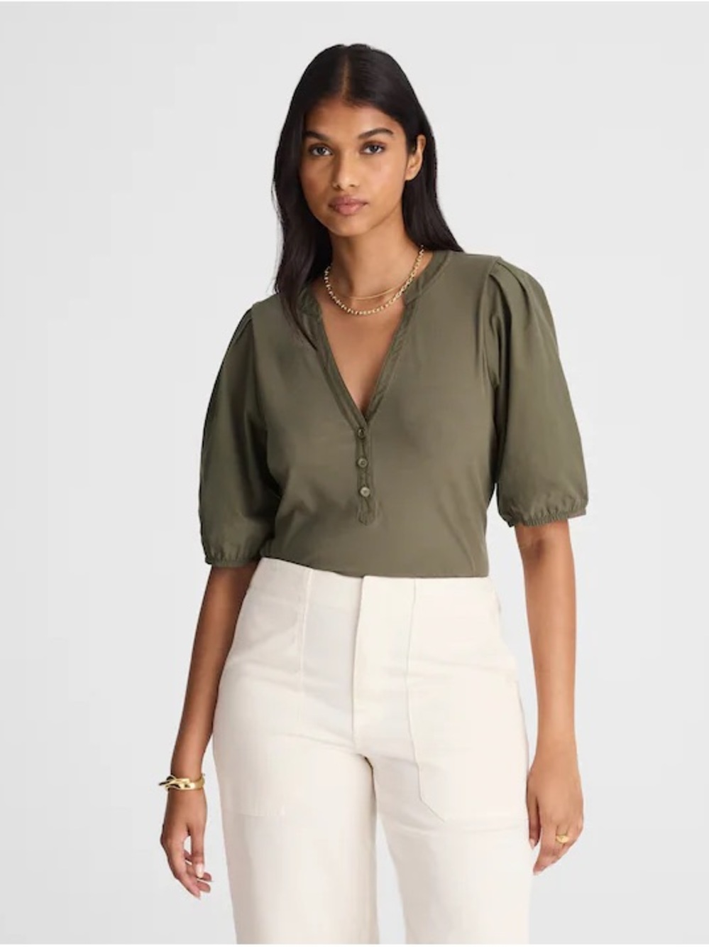 NWT Madewell Puff-Sleeve Henley Knit Top in Medium